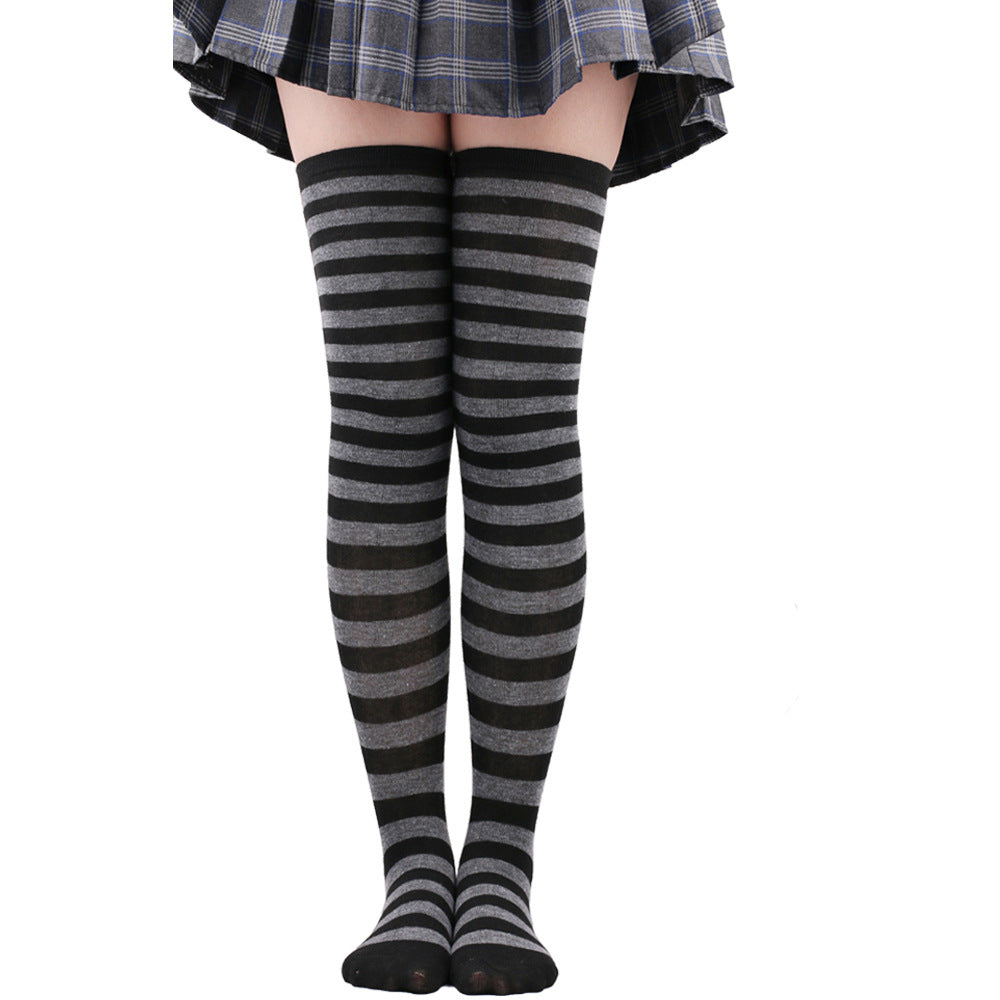 Dark grey and black thin striped thigh high socks, goth femboy over the knee hosiery