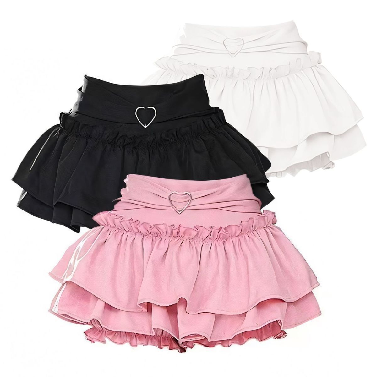 Femboy skirt black pink tiered ruffle mini puffball y2k group flat lay