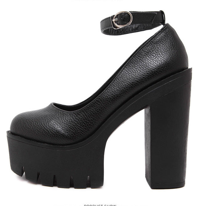 Femboy heels black matte ultra high platform block heel ankle strap product
