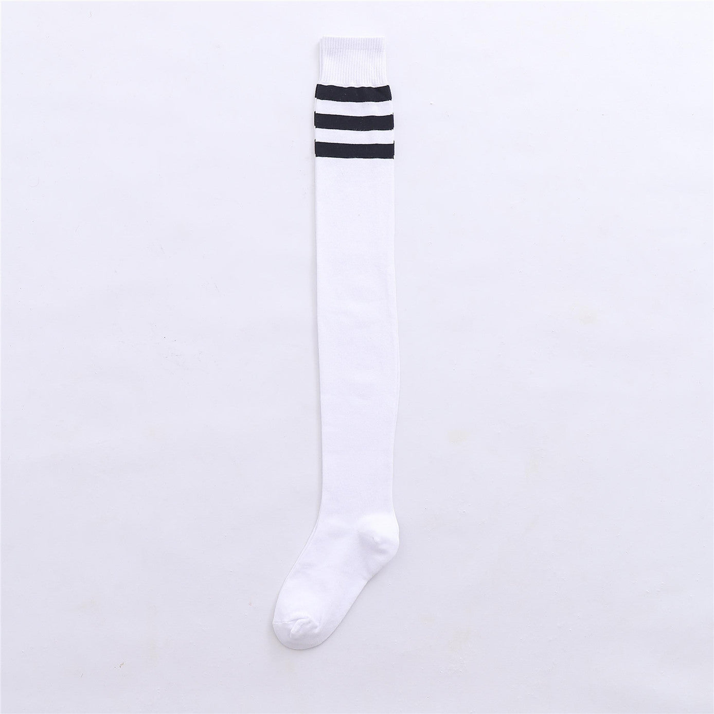Classic white thigh-high socks with bold black stripes at the top, ideal for casual or cosplay femboy fashion.
