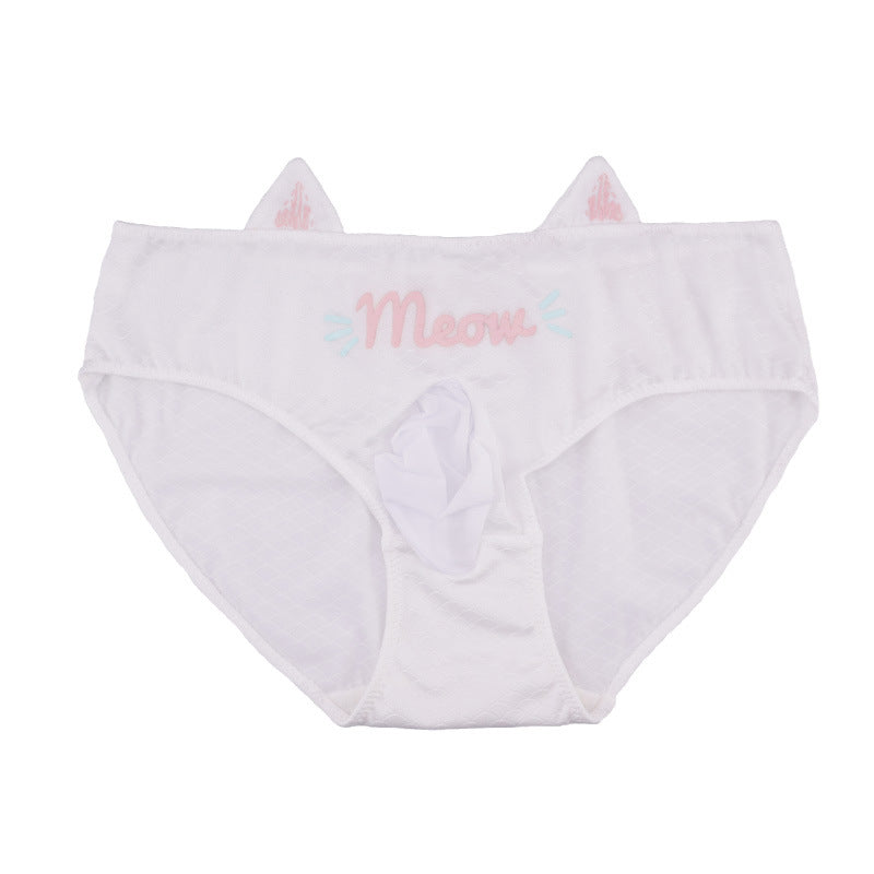 White cat pouch femboy panties front view with meow graphic and cat ear waistband detail, clean studio product shot