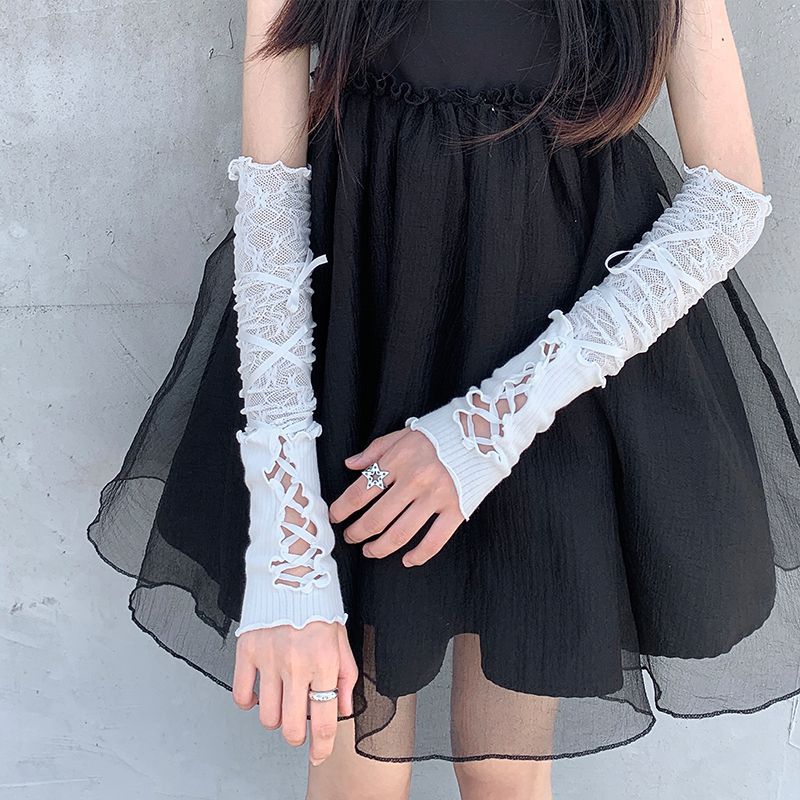 Elegant White Lace Lolita Gloves paired with a black dress, ideal for ballet-inspired outfits and cosplay.