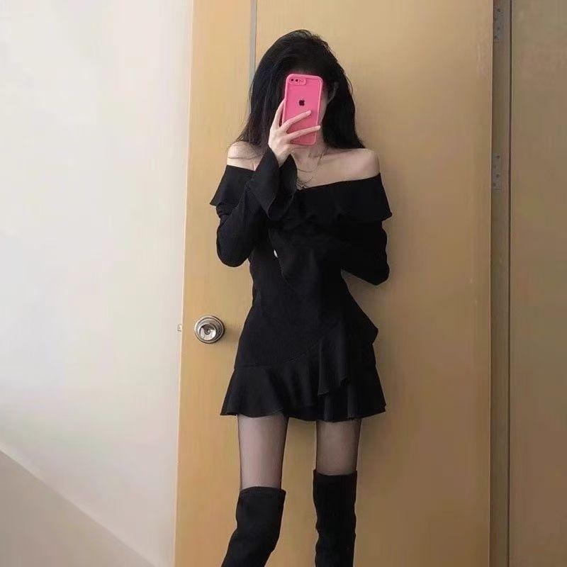 department store bridal dresses Black Ruffle Femboy Dress – V-Neck Long Sleeve