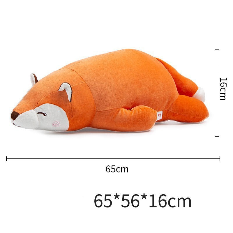 Side-view studio shot of the medium Femboy Fox Plushie with measurement overlay, captured from a flat side angle on a white background, emphasizing its compact shape and soft velour fabric, a cute décor item associated with casual femboy looks.