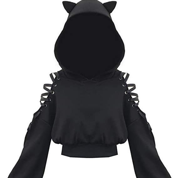 Black cropped hoodie with cat ears and lace-up sleeve details, laid flat to showcase gothic femboy clothing style and soft oversized fit.