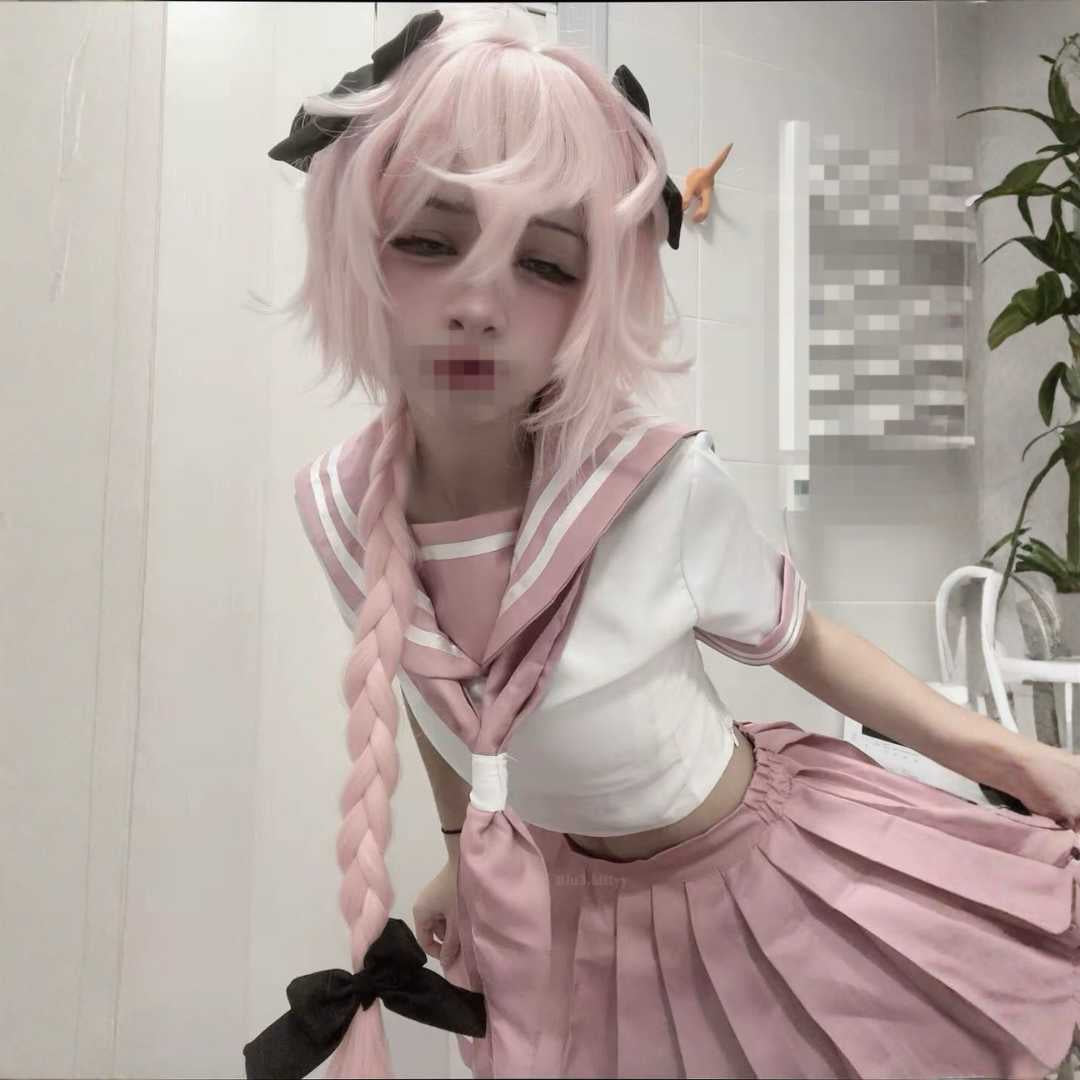 Astolfo femboy cosplay pink sailor uniform with pleated skirt and ribbon, anime cosplay outfit from FemboyBox