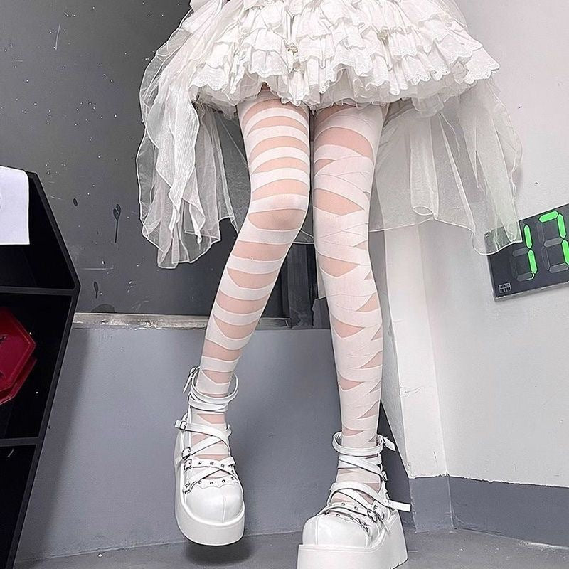 FemboyBox femboy tights white bandage cutout pantyhose goth strappy wrap
