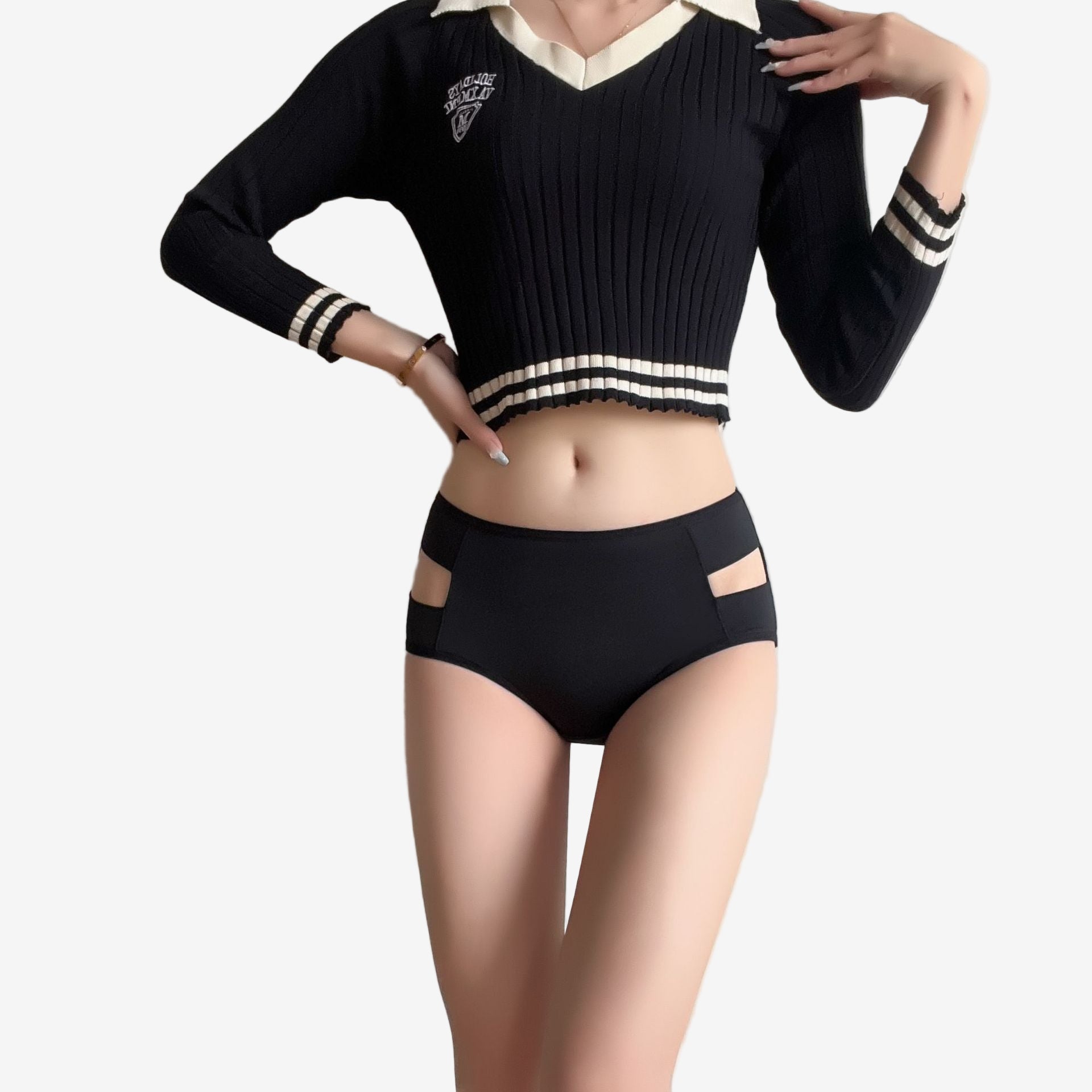 Front view of model wearing black Curvy Comfort Femboy Panties with symmetrical hip cutouts and a smooth comfort band – modern femboy panties aesthetic, flattering high-rise silhouette