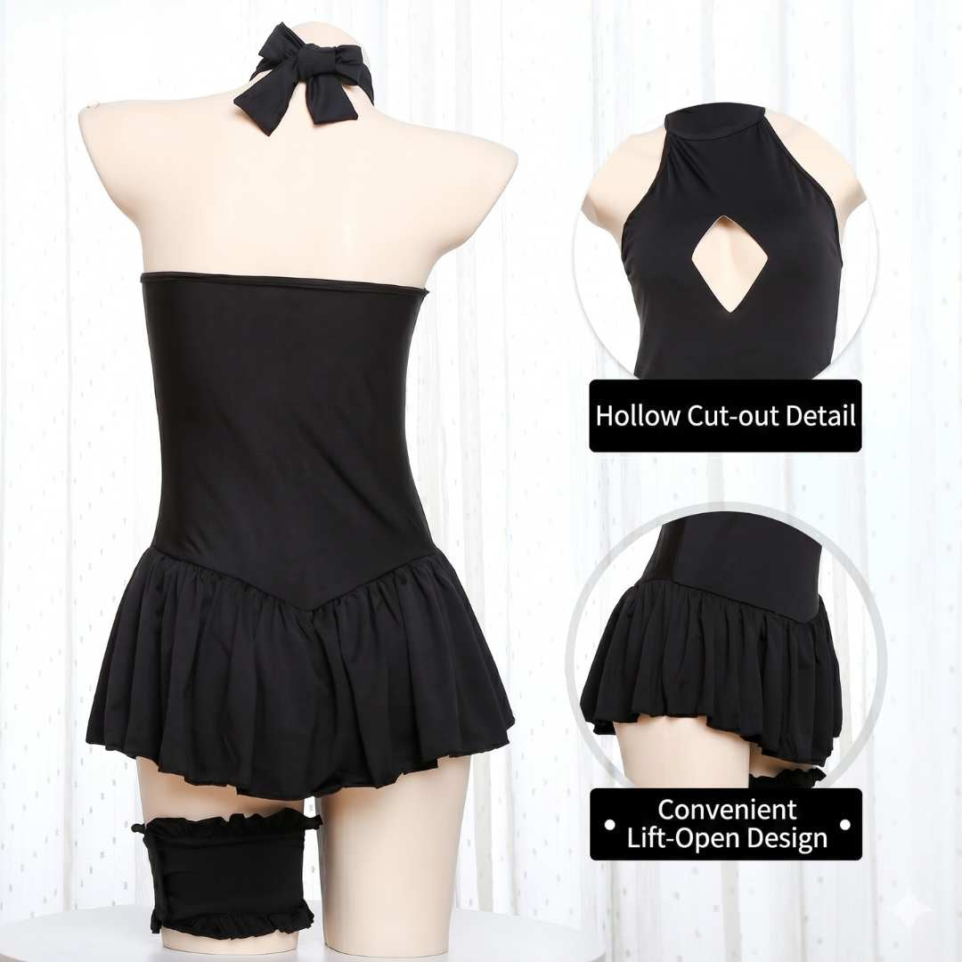 Black halter sailor dress back view showing open back cutout detail, femboy outfit product shot