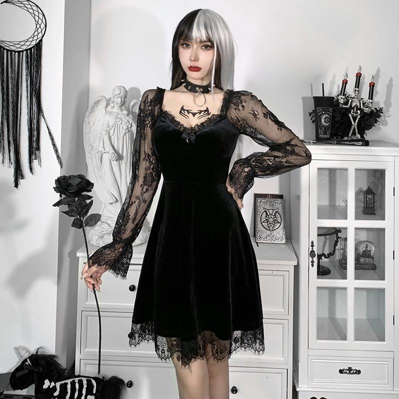 femboy black dress Gothic Lace Ruffle Dress