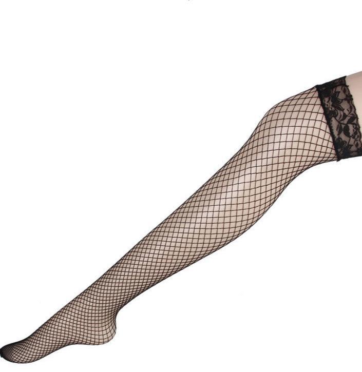 Side view of black Lace Trim Fishnet Stockings with a lace top band and bold fishnet pattern. Captured on a neutral background, showcasing stylish femboy outfits and accessories.