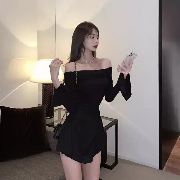 Femboy Off-Shoulder Mini Dress - Ruched Bell Sleeve
