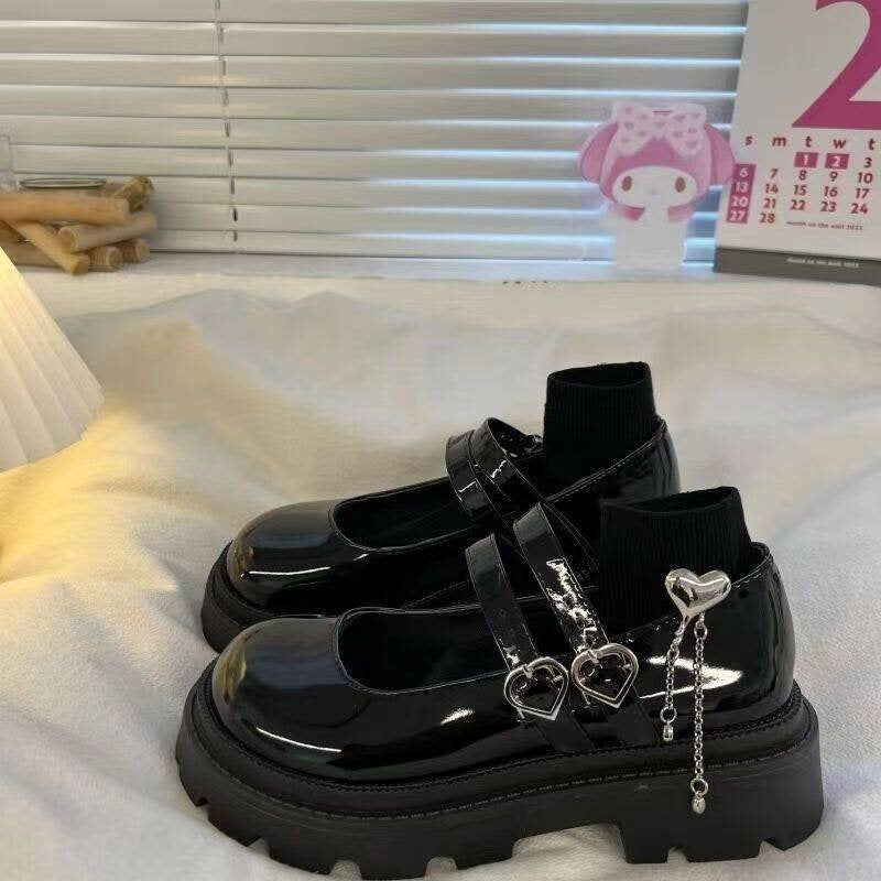 Femboy shoes black platform mary jane bow thin strap glossy detail