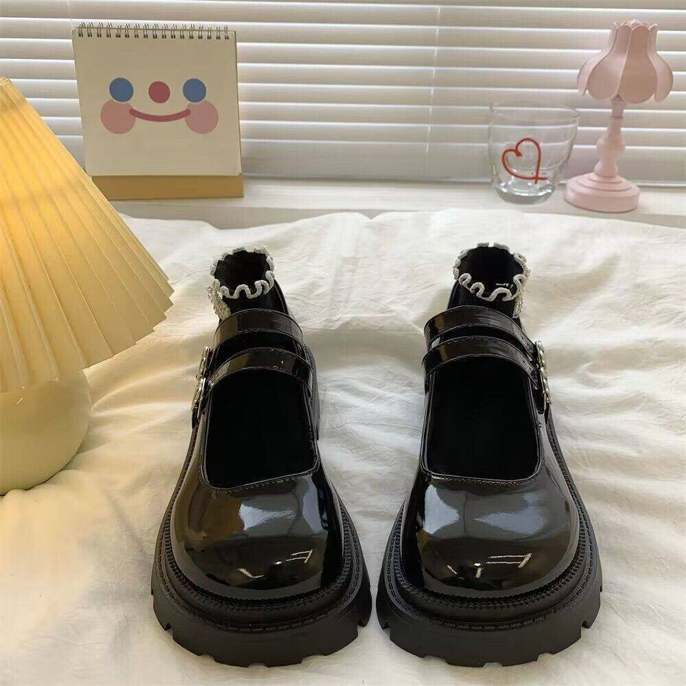 Femboy shoes black bow platform mary jane chunky sole cat heel side