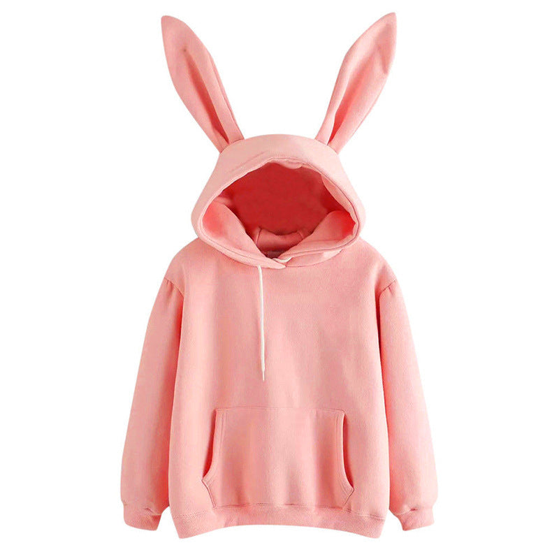 Pink bunny ear femboy hoodie product shot, pastel kawaii aesthetic sweatshirt