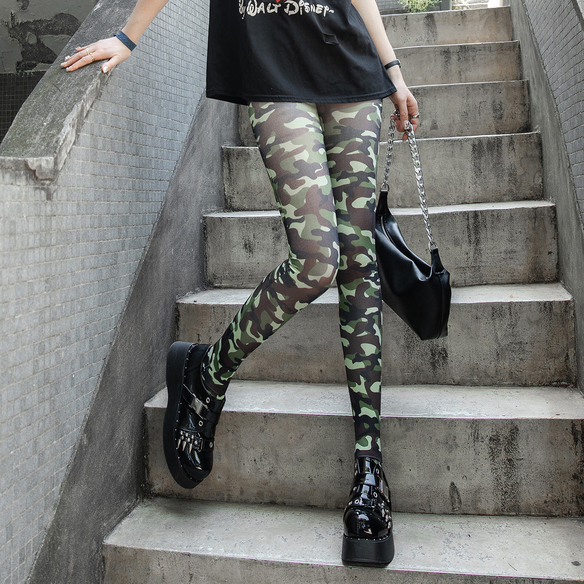 FemboyBox femboy tights green camo stirrup pantyhose velvet nine length