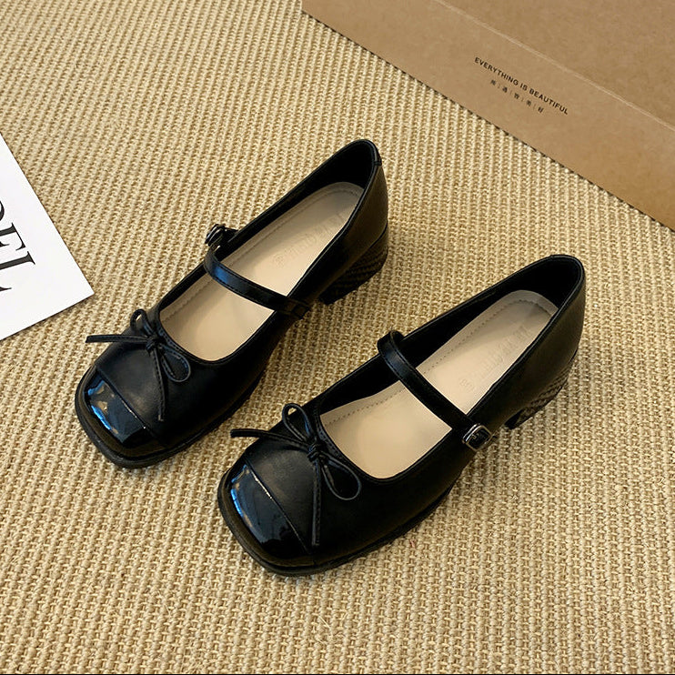 Femboy shoes black cap toe mary jane bow square toe block heel product