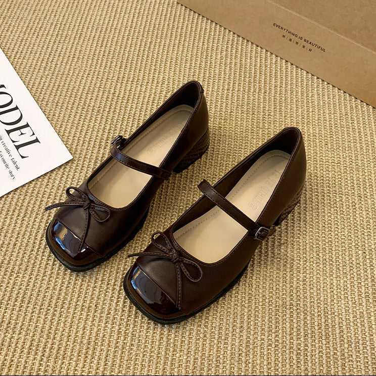Femboy shoes brown cap toe two tone mary jane bow square toe product