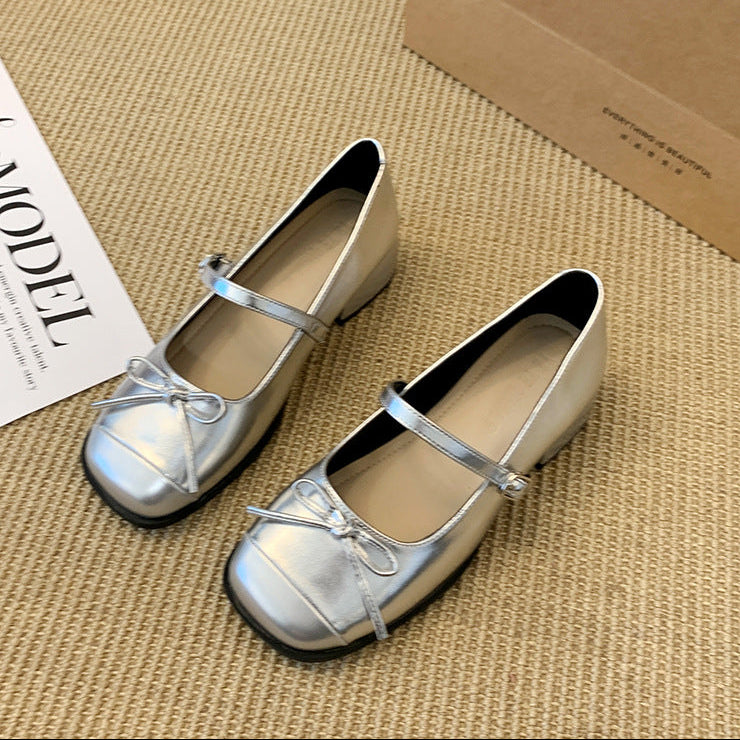 Femboy shoes silver cap toe two tone mary jane bow block heel product