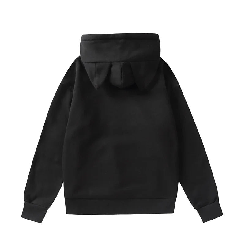 Close-up of black cat ear hoodie detail, femboy kawaii sweatshirt ear feature