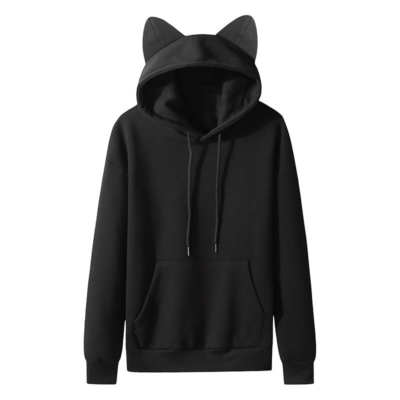 Black femboy cat ear hoodie product shot, kawaii aesthetic sweatshirt with ear detail
