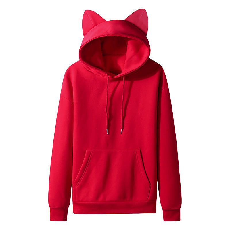 Red cat ear hoodie for femboy looks, kawaii aesthetic sweatshirt product shot