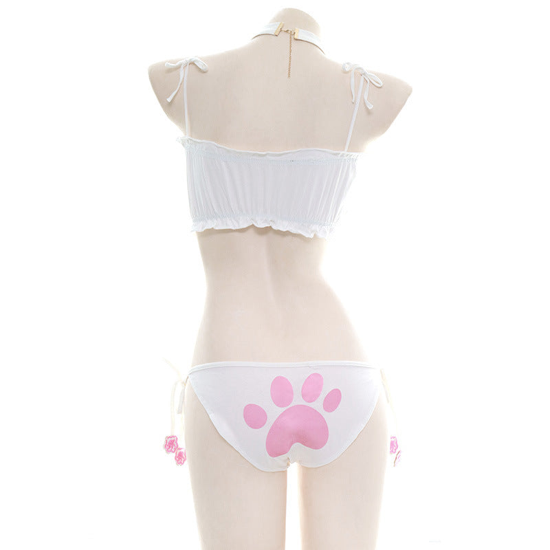 White cat paw femboy lingerie set back view, heart cutout bralette and side-tie bikini bottoms