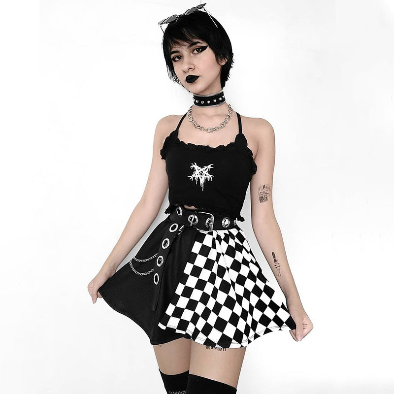 Black and white checkerboard gothic mini skirt front product shot, split hem goth femboy skirt