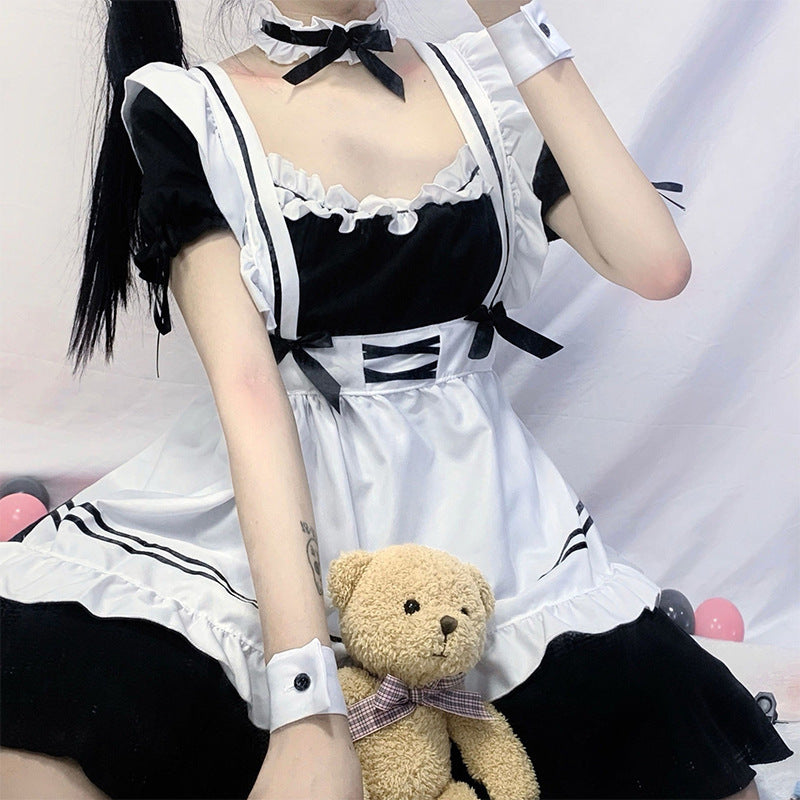 Chic femboy clothes, featuring a maid ensemble in black and white, accessorized with a choker and ribbons, perfect for a sophisticated yet playful look.