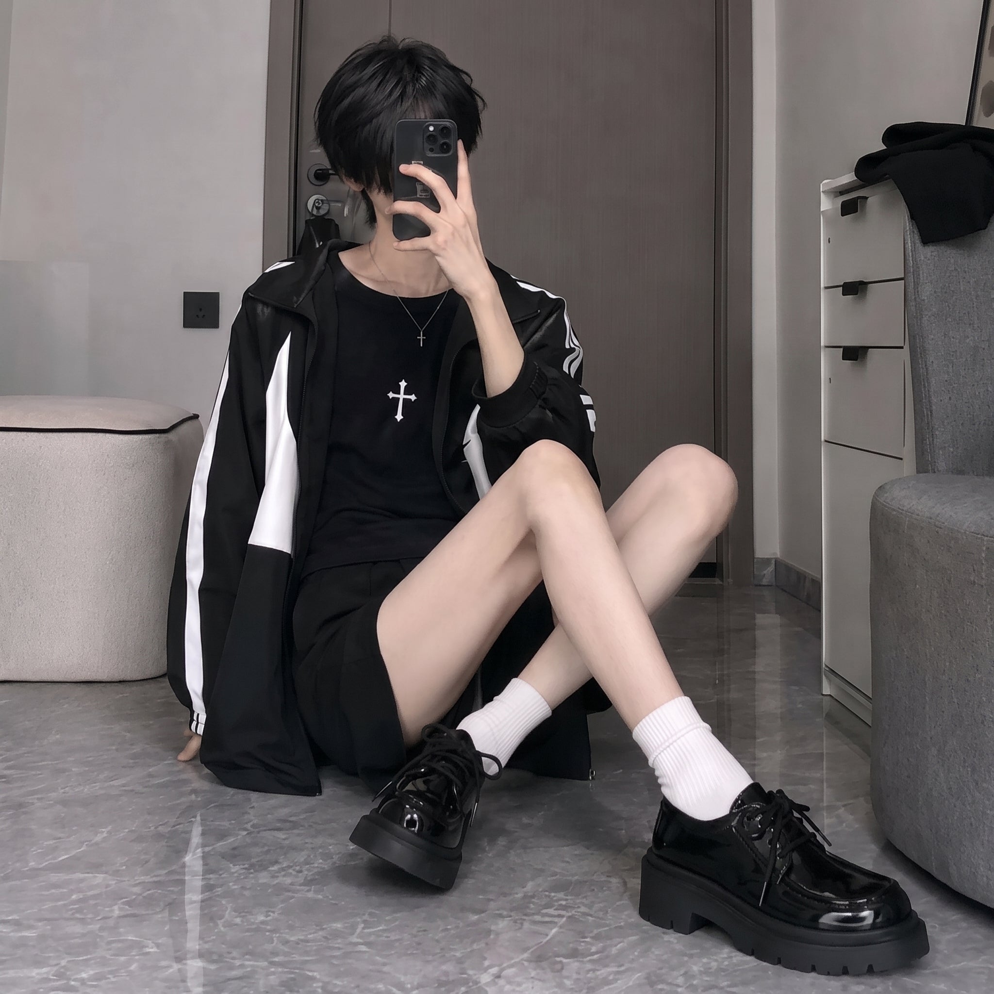 Femboy shoes black chunky platform derby patent with trousers on model