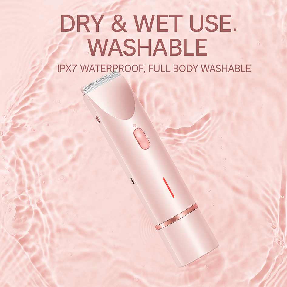 Pink hair removal device on a pink water-like background with text about its features.
