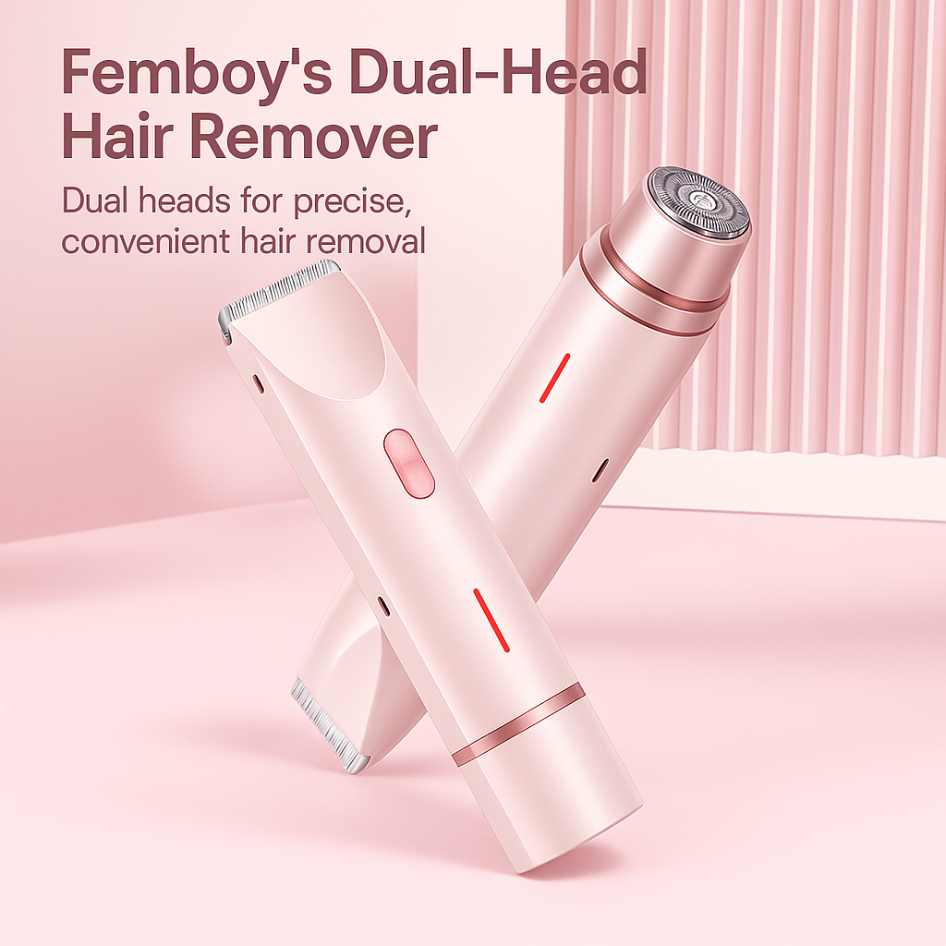 Dual head femboy shaving kit in light pink color, front-facing studio product shot showing slim ergonomic electric trimmer for precise femboy grooming, isolated on pink background.