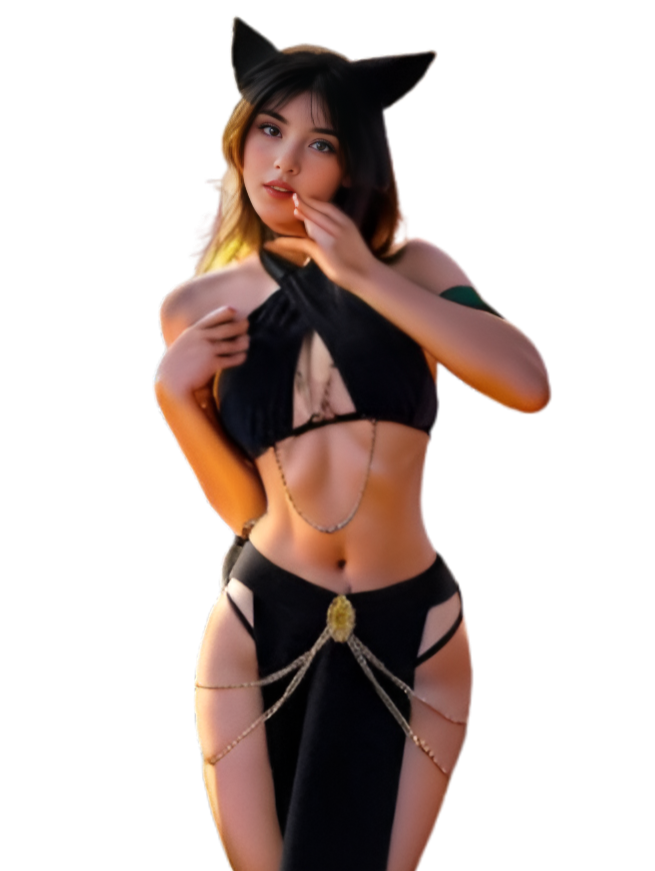 Full-body view of the Egyptian Catboy Set with a black skirt and halter top accented by gold chains. A perfect choice for femboy fashion and bold femboy outfits.