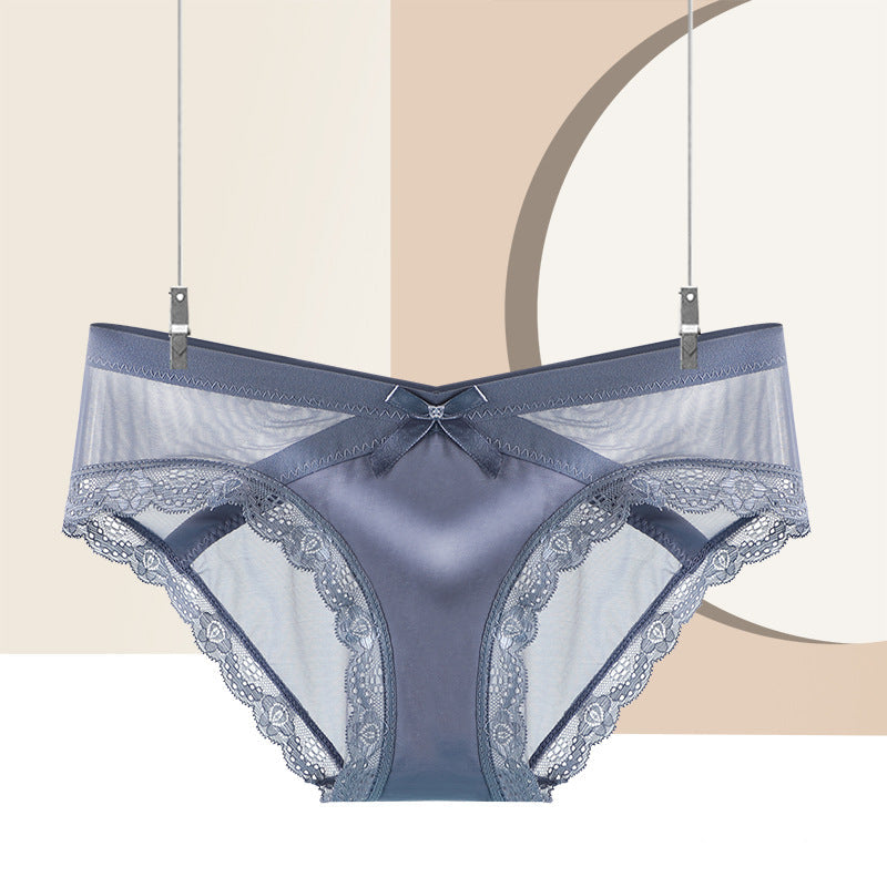 Silver-grey sheer mesh femboy panties with bowknot trim, cute femboy lingerie product shot