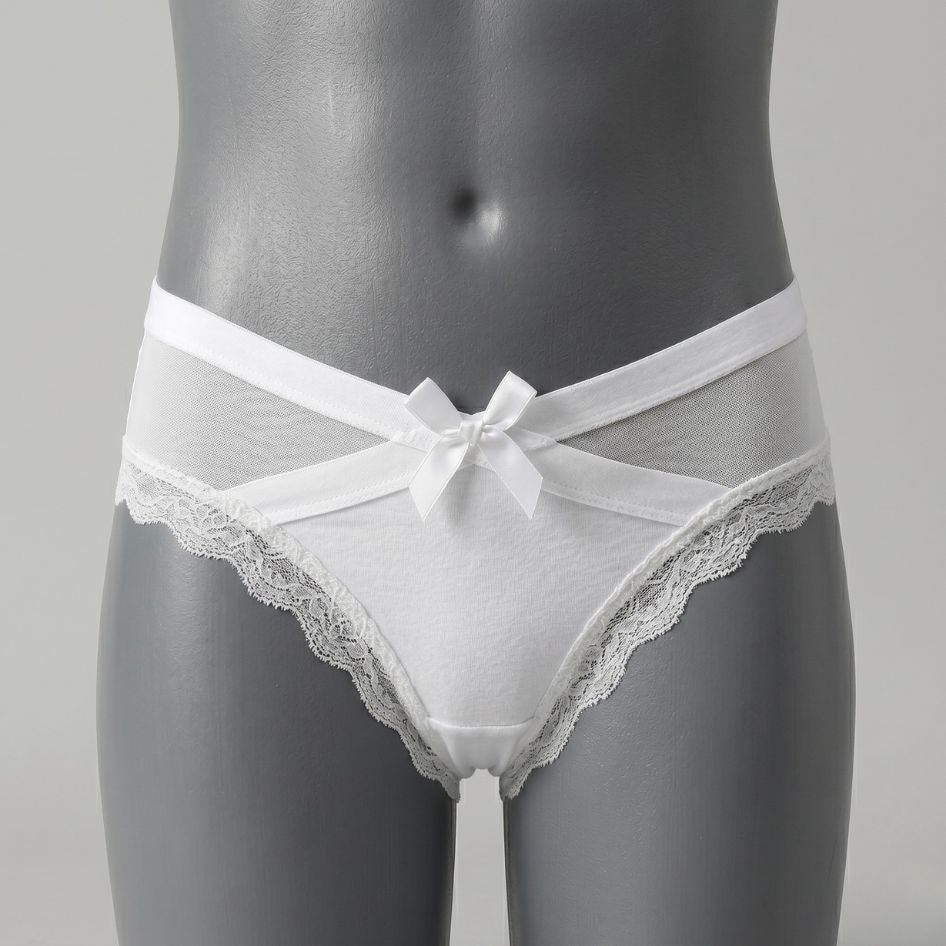 White femboy lace panties with sheer mesh V-panel and satin bow, scalloped lace trim on mannequin