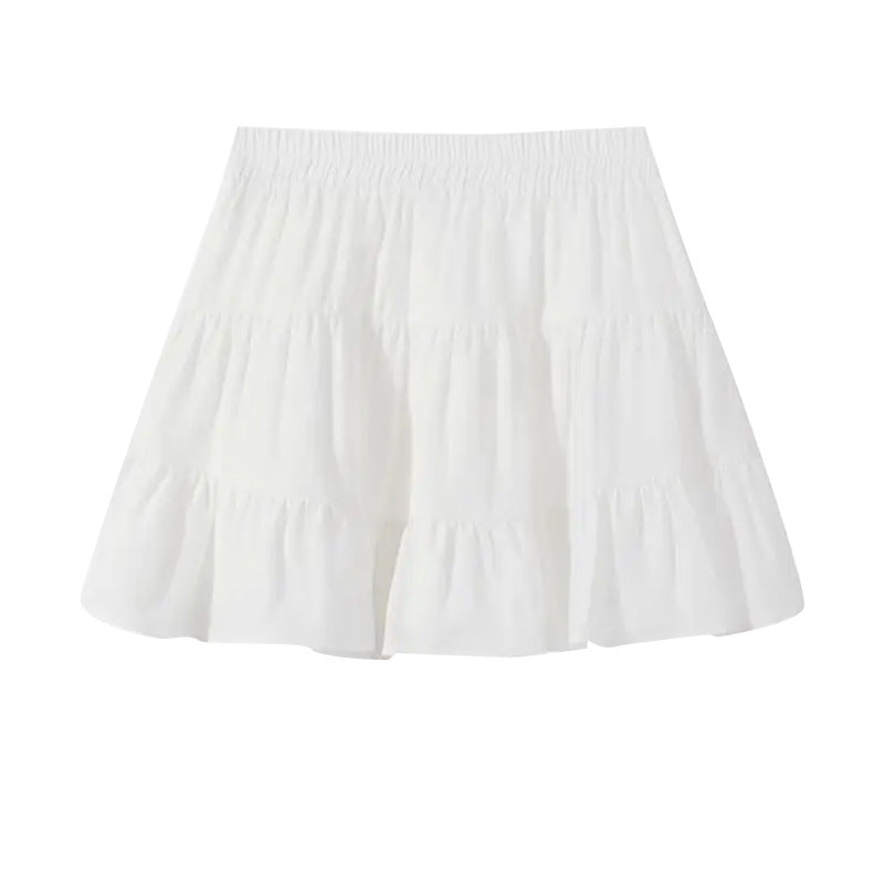 White tiered ruffle high waist cake skirt product shot, sweet femboy mini skirt