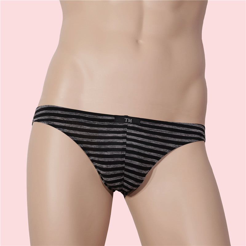 Front view of black and grey striped femboy panties displayed on a mannequin, offering a sleek and minimalist design. Ideal for femboy clothing and stylish femboy outfits.