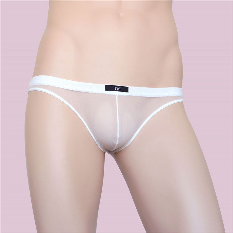 A close-up of a mannequin wearing a white mesh g-string, exemplifying femboy clothing. The light, transparent material enhances the minimalist aesthetic, ideal for modern femboy outfits.