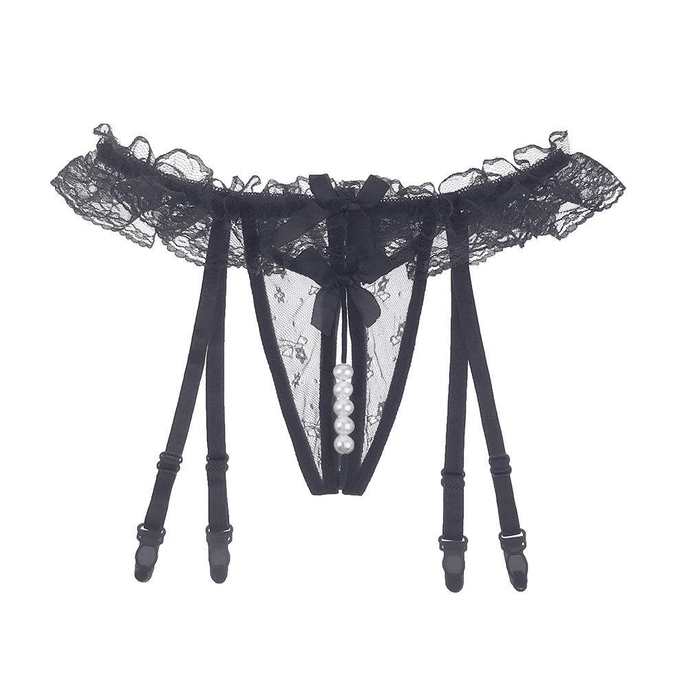 Front view of a black lace garter belt featuring delicate lace detail, adjustable garter straps, and pearl accents. The design is perfect for adding elegance and style to femboy outfits. Ideal for showcasing femboy clothing and femboy fashion accessories.