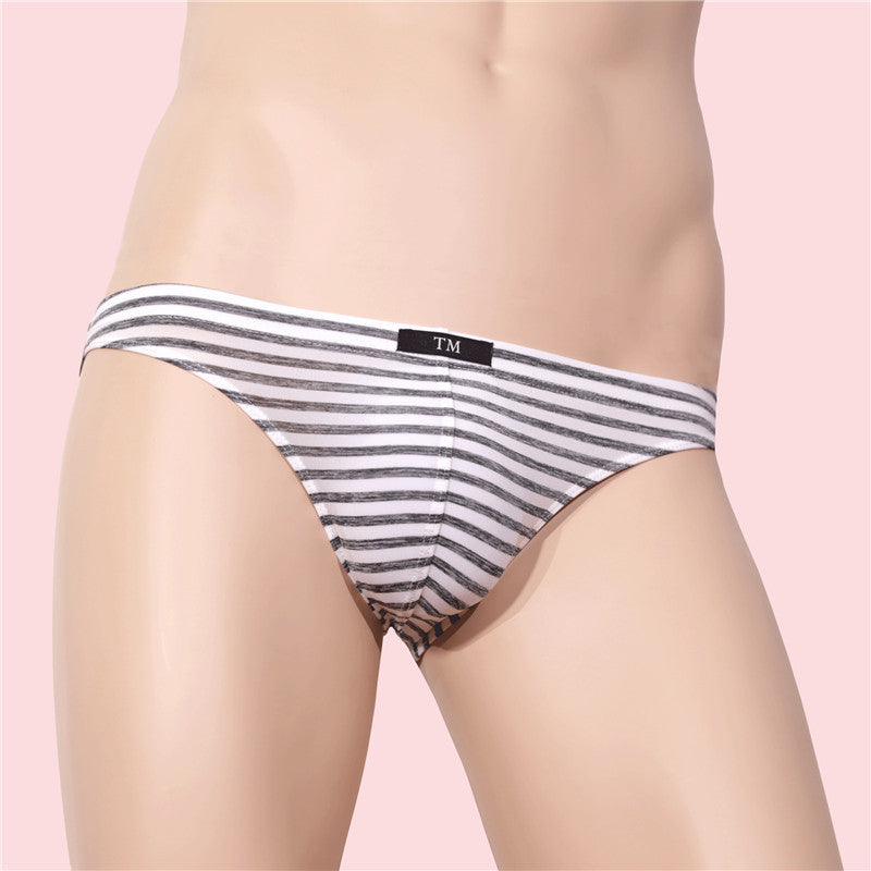 Front view of white and grey striped femboy panties displayed on a mannequin, showcasing a clean and comfortable look for femboy fashion. Perfect for casual femboy clothing.