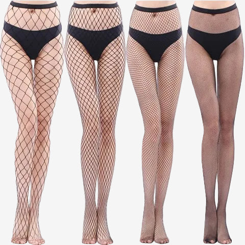 Studio lineup of four models wearing different black fishnet stocking patterns, full-body standing shot on white background, emphasising femboy fashion variety and femboy clothing styles.