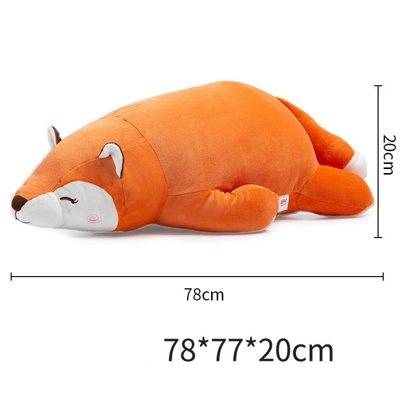 Side-profile studio product shot of the large Femboy Fox Plushie shown with size measurements, photographed from a straight-on angle on a white background, displaying an orange and cream color palette and oversized proportions, ideal as a statement plush from a femboy shop.