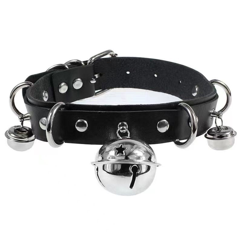 Black gothic femboy choker featuring silver bell charm and metal rings, angled studio shot showcasing smooth leather texture and adjustable fit, cute yet edgy femboy accessory for gothic and alternative fashion looks.