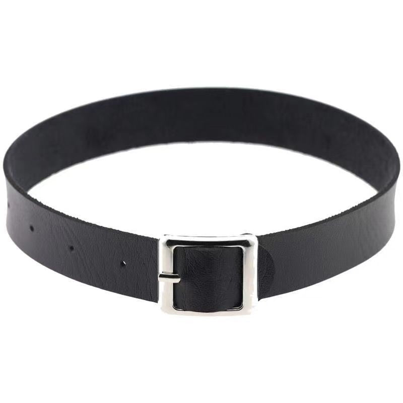 Black leather femboy choker with silver square buckle, front-facing studio shot on white background, clean minimalist femboy gothic accessory