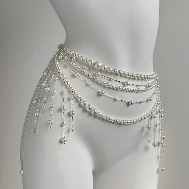 Pearl drape waist body chain with silver crystal drops, layered femboy body jewellery from FemboyBox