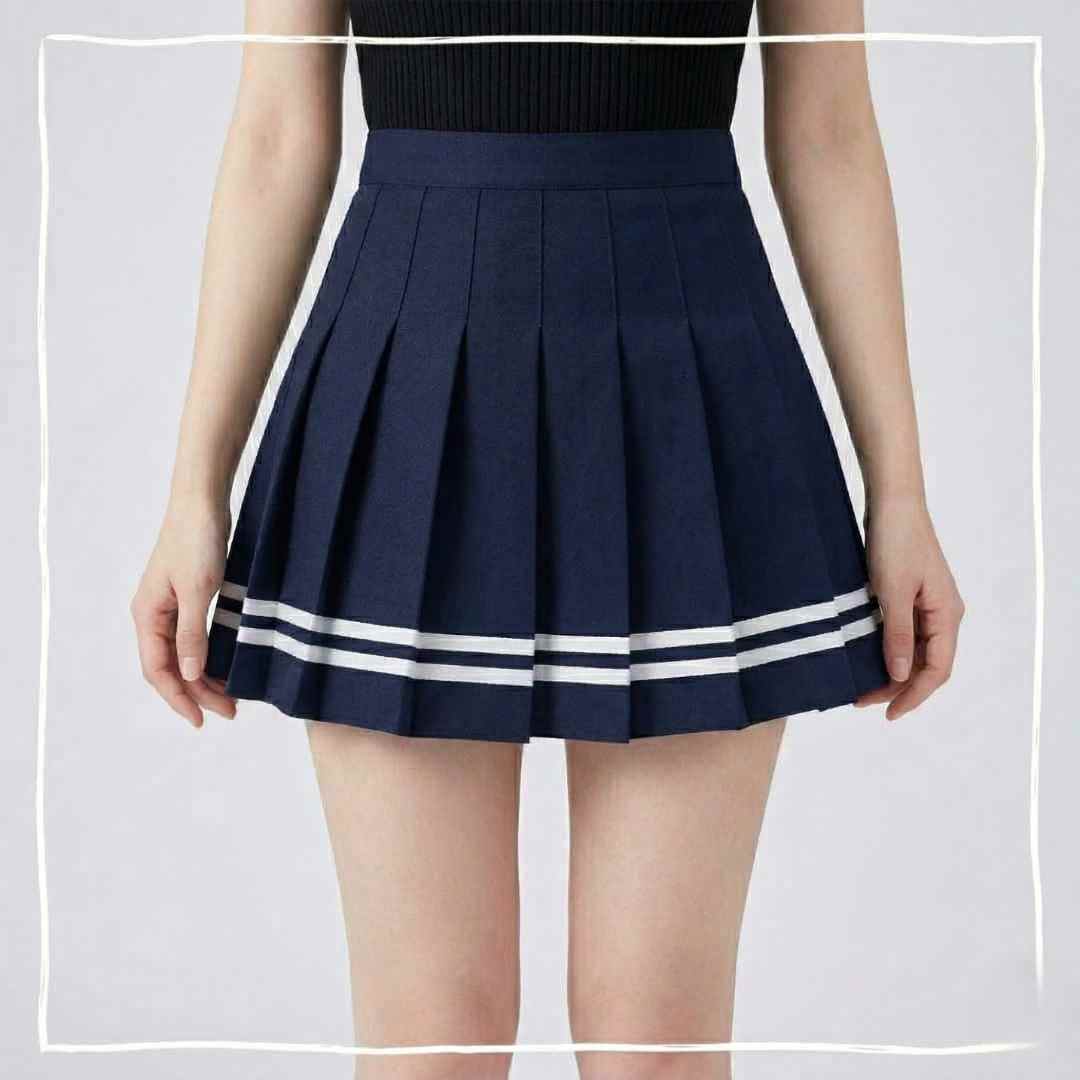 Navy blue femboy pleated striped skirt front view