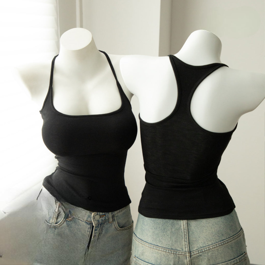 Studio front-and-back shot of black Ribbed Femboy Tank on mannequins, femboy clothing.