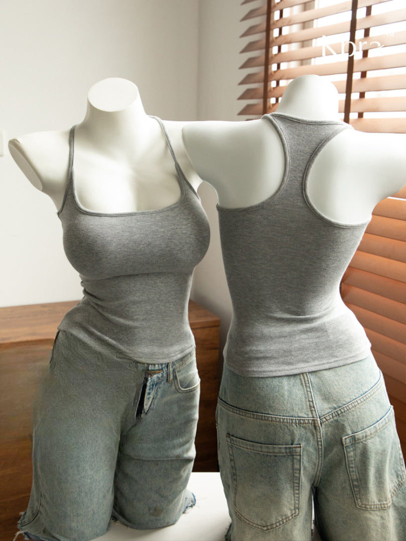 Studio front-and-back shot of heather grey Ribbed Femboy Tank on mannequins, basic femboy outfit.
