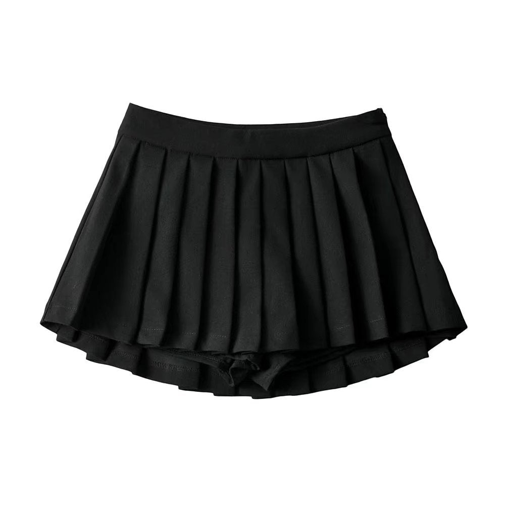 Flat lay of a Black Femboy Tennis Skirt, highlighting the meticulous pleats and seamless waistband. The skirt is displayed solo on a neutral background, focusing on the garment's elegant construction.