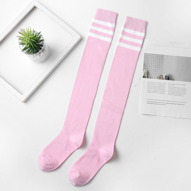 Pink thigh high cotton socks with white triple stripe, femboy outfit hosiery